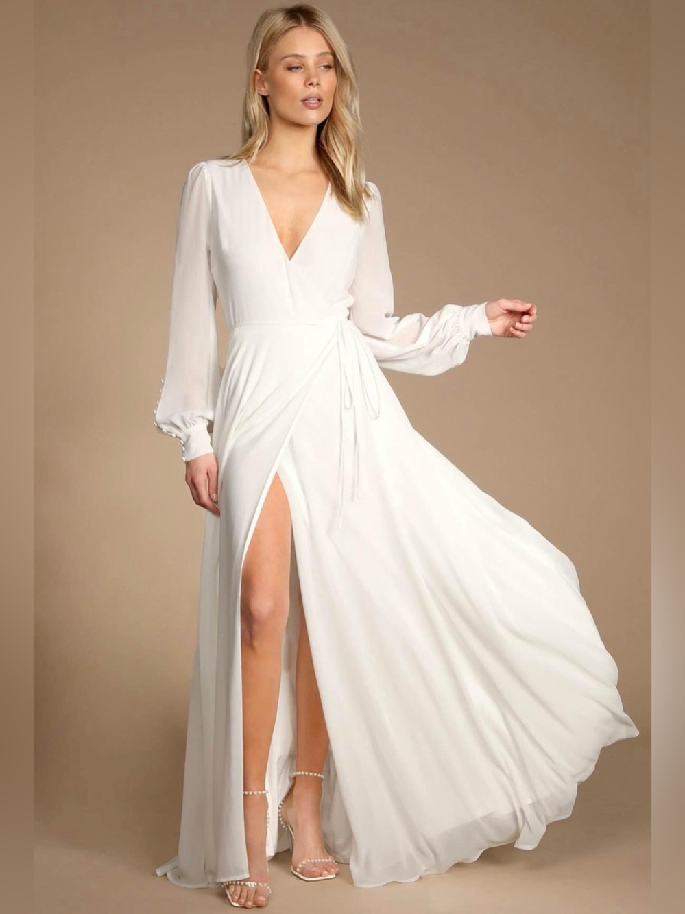 LuLus White Long Sleeve Wrap Maxi Dress